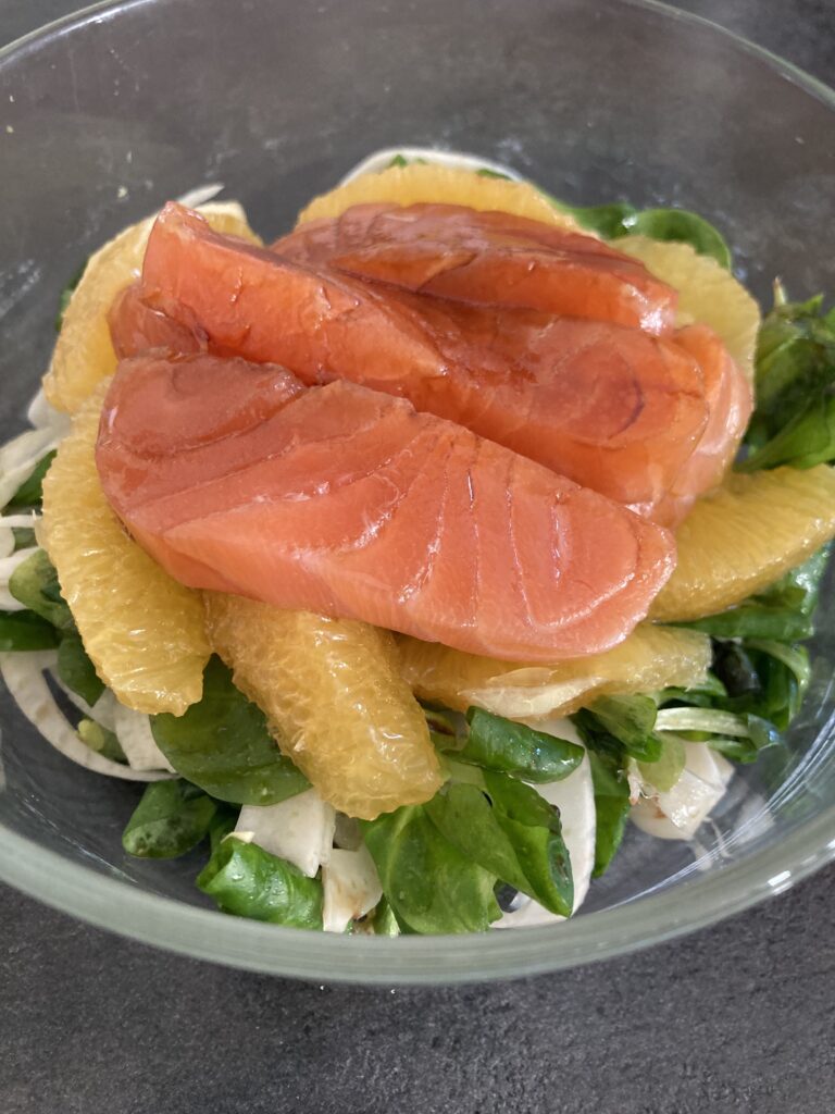 Insalata Songino, Finocchi, Arance e Salmone Terijaky